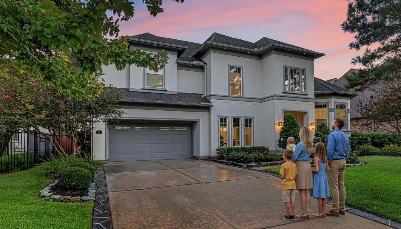 Family in front of their updated home in The Woodlands, TX