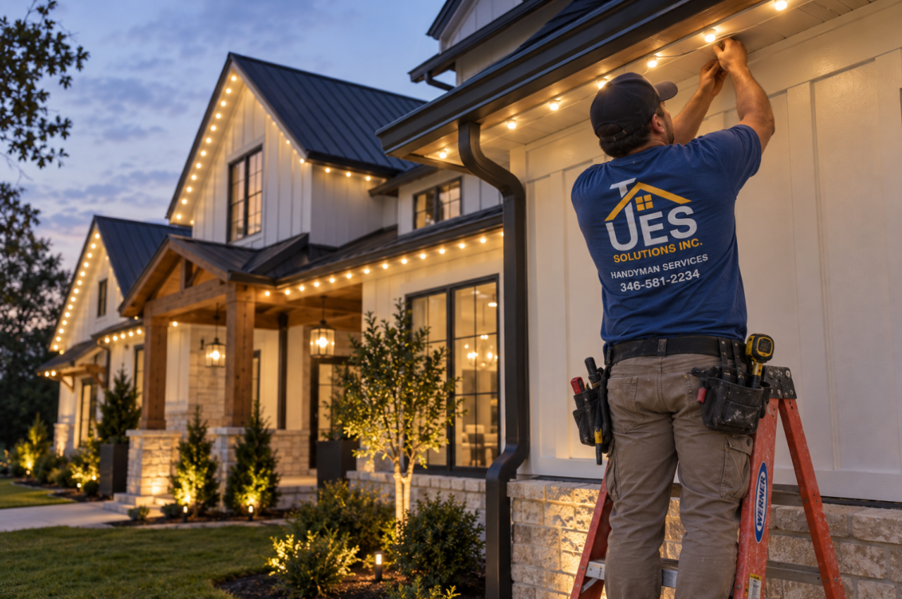 UES Solutions technician installing permanent roofline LED lighting under the eave of a home in Montgomery County, TX