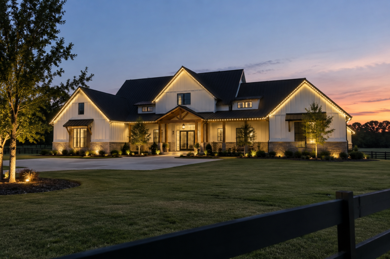 Permanent outdoor lighting in Montgomery County, TX — warm white roofline LEDs on a modern farmhouse at dusk