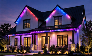 Permanent roofline lighting in purple and blue on a farmhouse
