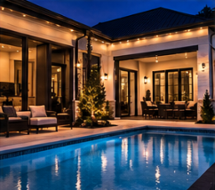 Permanent lighting on a covered back patio and pool area