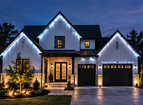 Permanent outdoor lighting in Montgomery County — cool white roofline LEDs on a modern farmhouse
