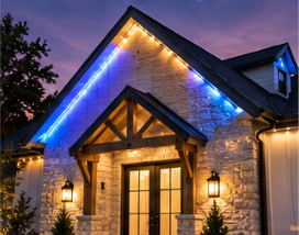 Blue and white permanent roofline lighting on a stone home