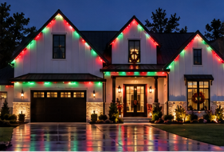 Permanent outdoor lighting in Montgomery County — red and green Christmas roofline LEDs on a two-story home