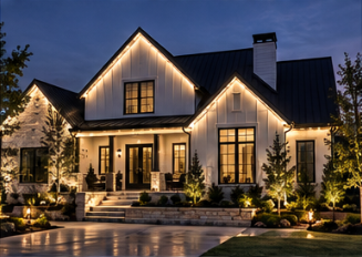 Warm white permanent roofline lighting on a farmhouse with gables and porch