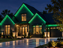 Permanent roofline lighting in green on a two-story home