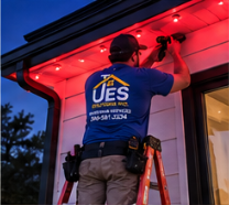 UES Solutions installer on a ladder mounting LED track showing red