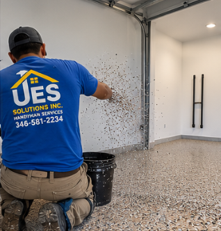 UES Solutions installer broadcasting flake onto a wet epoxy garage floor