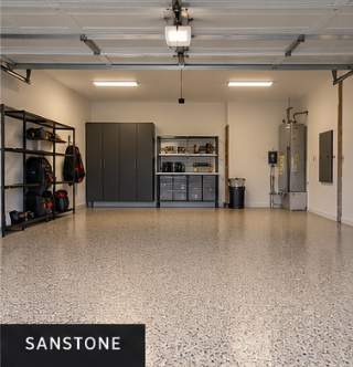 Sandstone flake epoxy garage floor with storage shelving