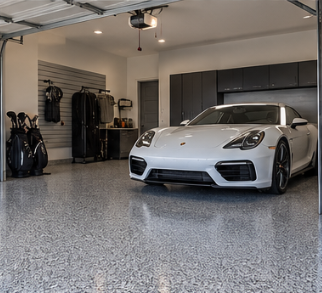 Flake epoxy garage floor with a white sports car and golf storage