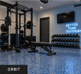 Orbit blue flake epoxy floor in a garage gym