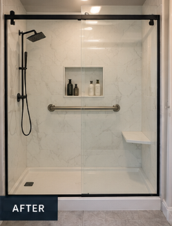 After: tub to shower conversion with marble-look walls, black fixtures, and grab bar