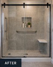 After: tiled walk-in shower with sliding glass door, niche, and bench