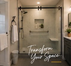 Finished tub to shower conversion with frameless sliding glass door and niche