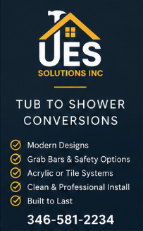 UES Solutions tub to shower conversions — modern designs, grab bars, acrylic or tile