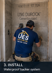 Step 3 install: waterproof cement backer board for the new shower