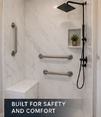 Tub to shower conversion built for safety with grab bars, bench, and handheld head
