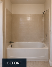 Before a tub to shower conversion: dated alcove bathtub with beige tile surround