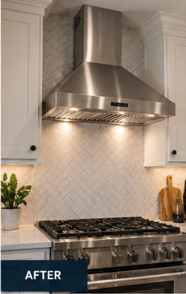 After range hood installation: stainless wall-mount chimney hood over a gas range with herringbone tile
