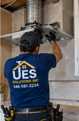 UES Solutions installer connecting rigid duct above a new chimney hood