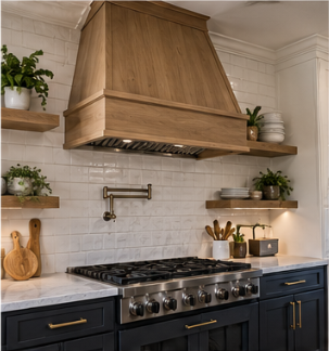 Custom wood hood over a stainless range with floating shelves