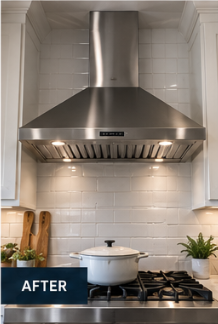 After range hood installation: stainless chimney hood with bright LED lights