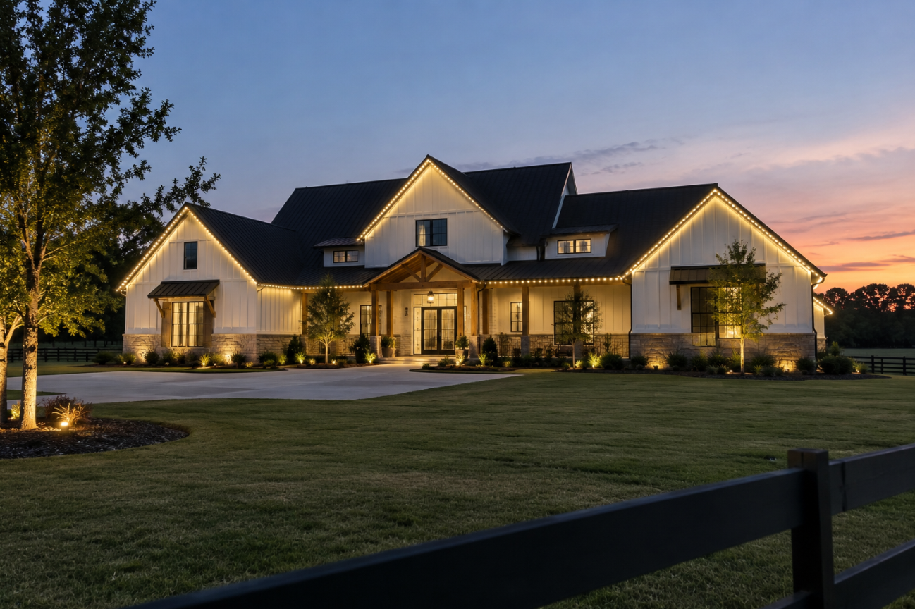 Permanent roofline LED lighting in warm white on a modern farmhouse at dusk in Montgomery County, TX